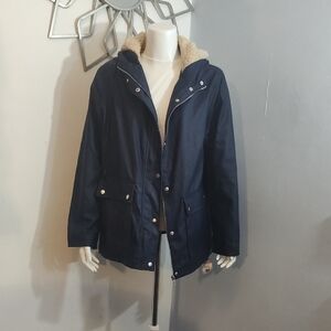Forever 21 Navy  Blue Rain Utility Jacket with Faux Fur Lining
